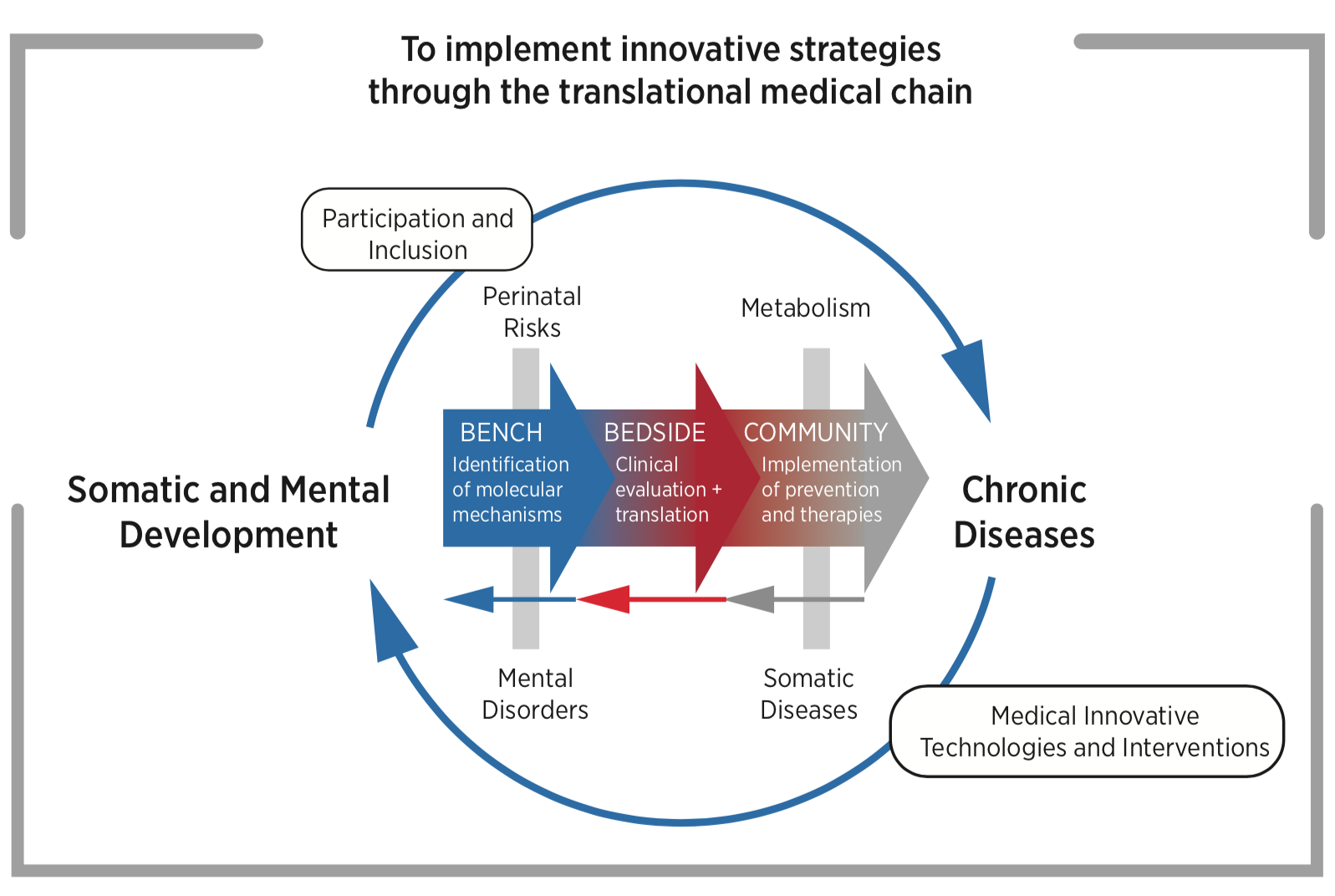 Figure 5: The mechanisms of the interdependence of somatic-mental development and origin/progression of chronic diseases will be unraveled with the ultimate goal to develop and implement innovative preventive interventions and new therapeutic strategies through the translational medical chain.